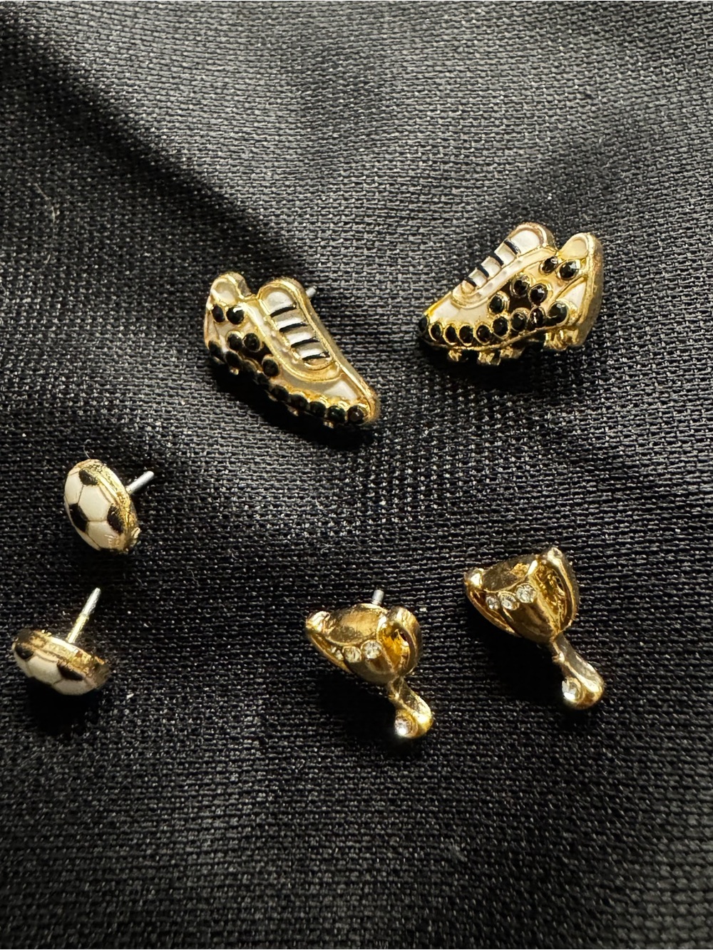 Black Diamond Soccer Theme Earrings. Gold tone and Enamel NWOT